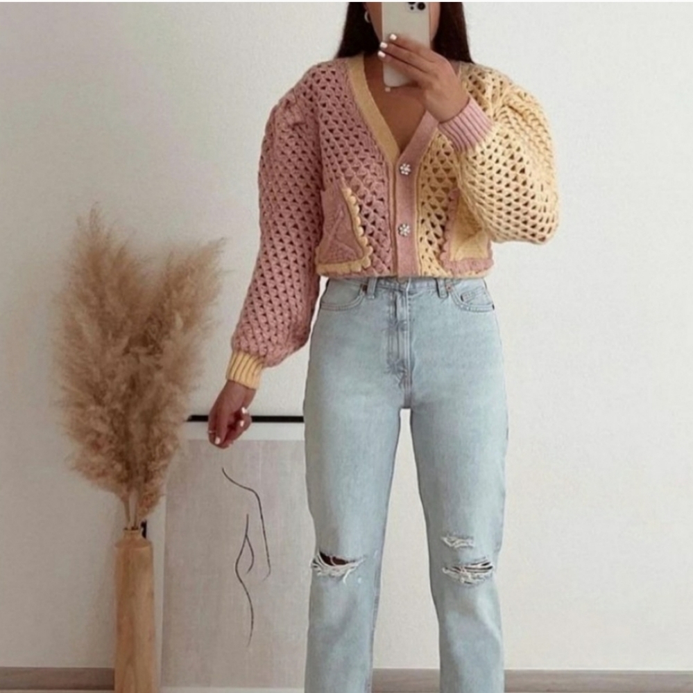 Zara* eyelet chunky knit oversized cardigan with jewel buttons - Picture 4 of 16